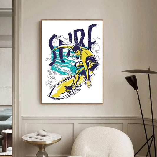 Framed artwork of a surfer with 'Surf' text in a modern interior setting. Canvas & Curio