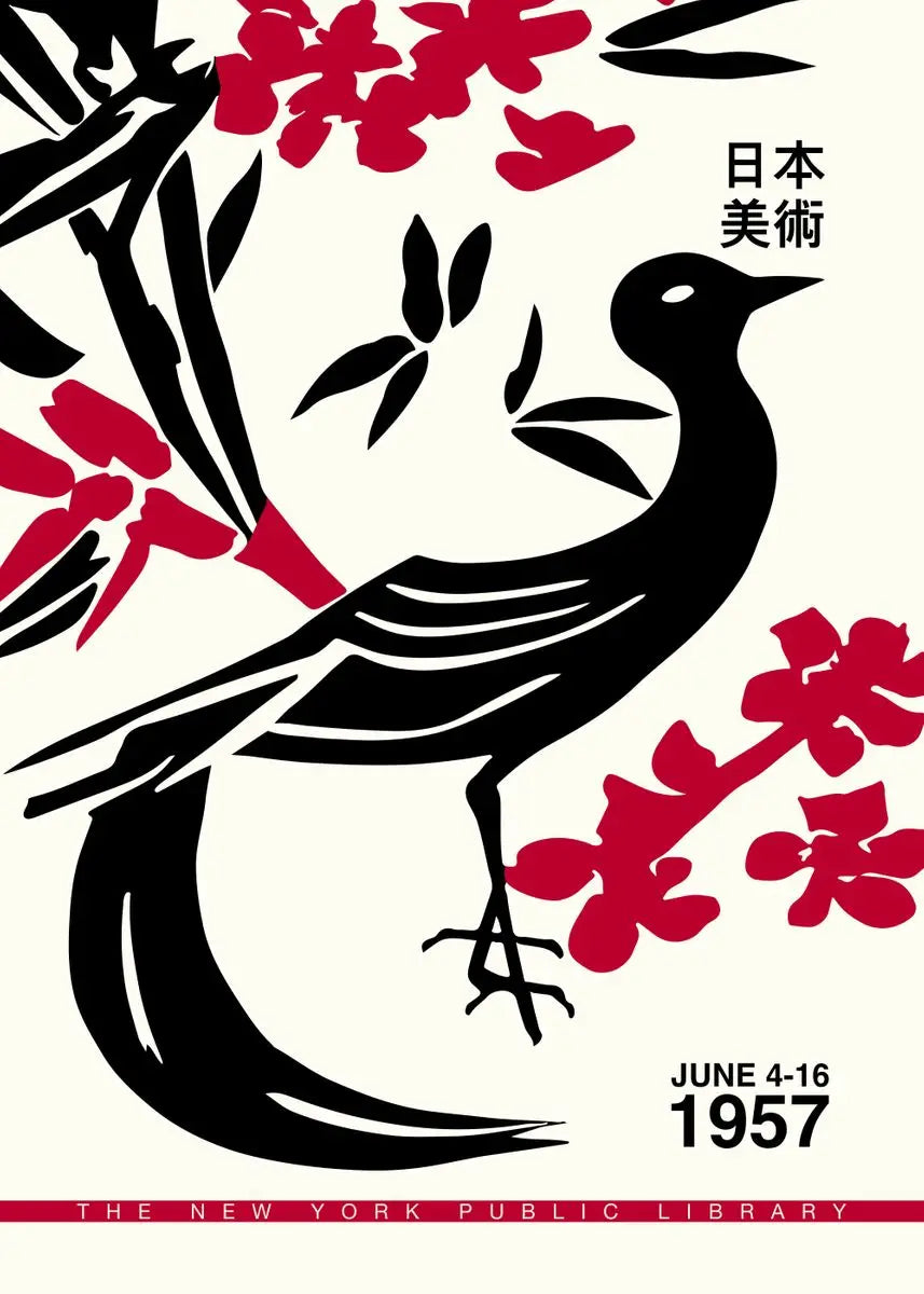 Decorative poster with a black bird, red flowers, and Japanese text on a white background.