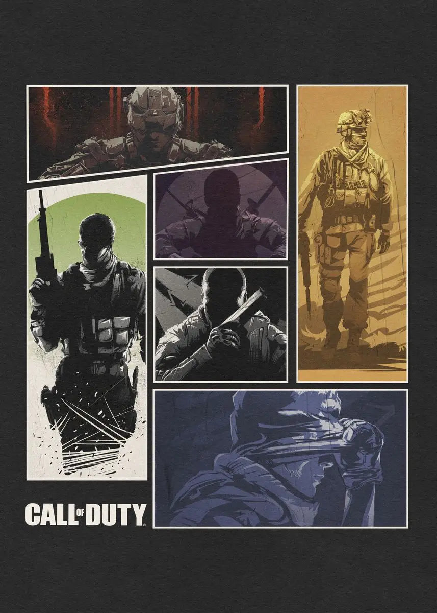 Collage of Call of Duty characters with a dark background