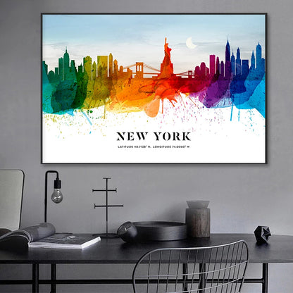 Colorful New York skyline art print on a wall above a desk.