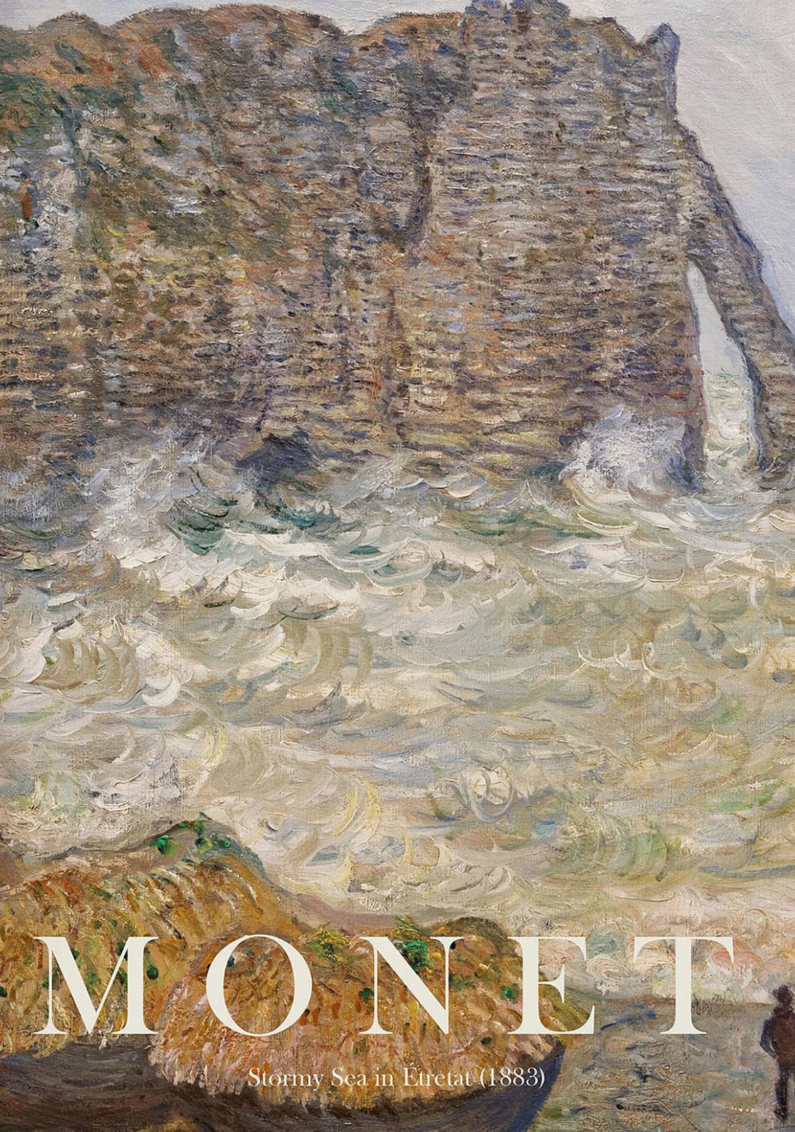 Painting of a cliff and sea by Monet with the word 'Monet' displayed.