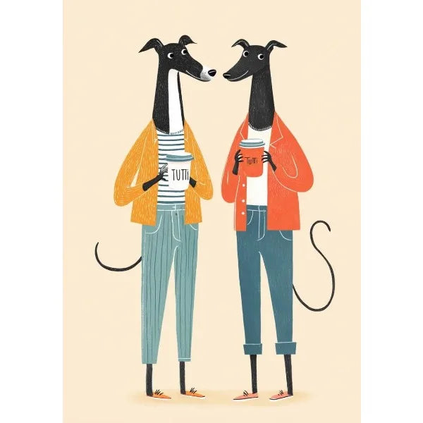 Illustration of two dogs wearing jackets and holding coffee cups on a beige background