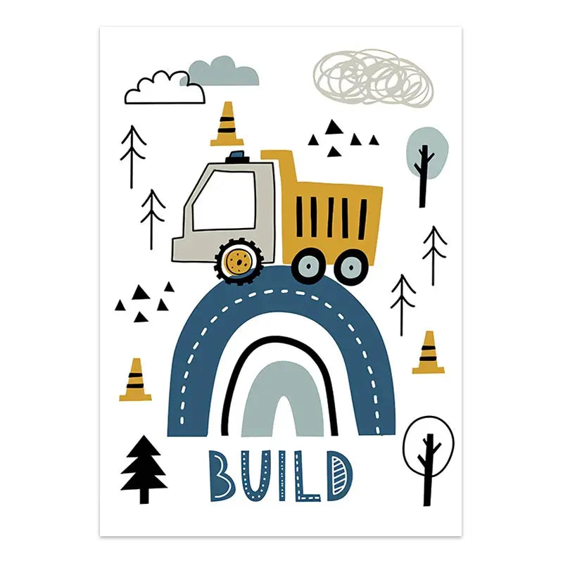 Children's poster with a dump truck, rainbow, trees, and construction cones on a white background.