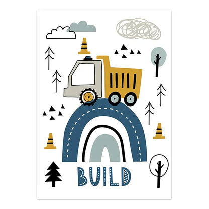 Children's poster with a dump truck, rainbow, trees, and construction cones on a white background.