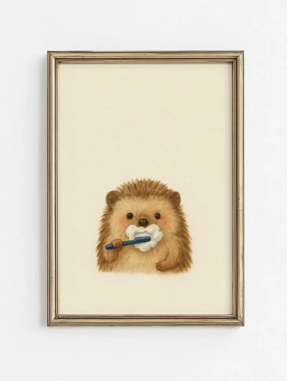 Framed artwork of a hedgehog with a toothbrush on a beige background