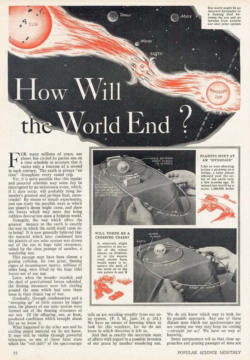 Illustration of a world ending scenario with text and images of people looking through telescopes.