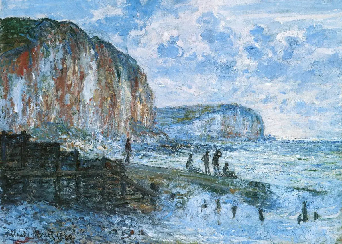 Painting of a coastal scene with cliffs, sea, and people on a beach.