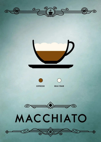 Illustration of a macchiato with espresso and milk foam on a light blue background.