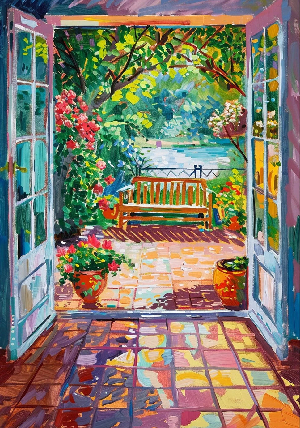 Colorful painting of a garden scene with an open door leading to a bench and flowers.