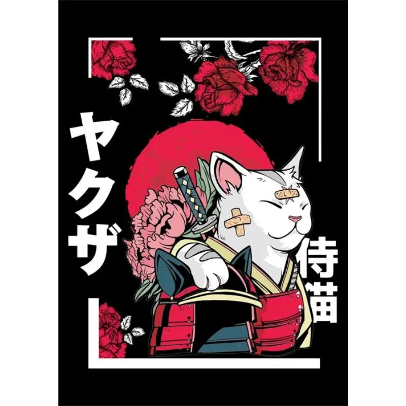 Illustration of a cat in samurai attire with red headband and flowers on a black background