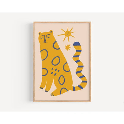 Framed artwork of a stylized animal with blue accents on a beige background