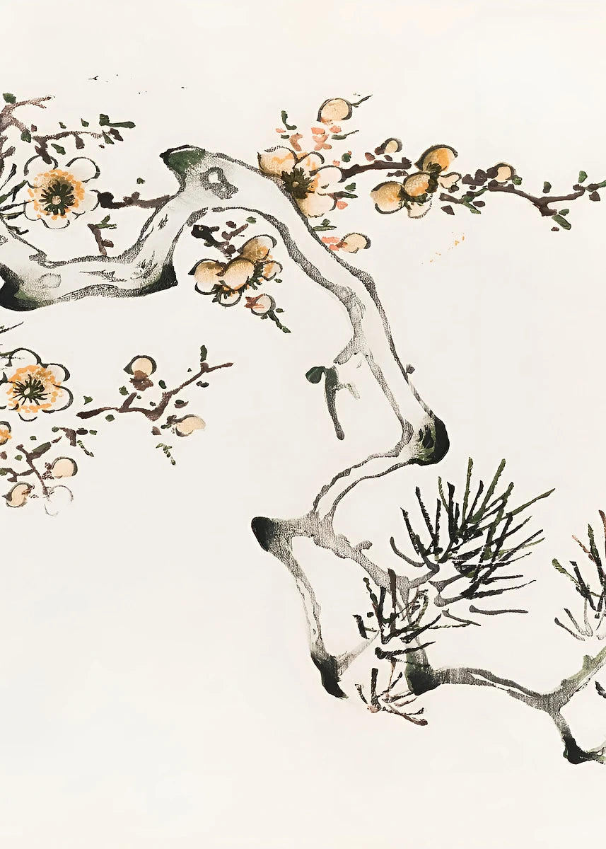 Traditional Chinese ink painting of a face with floral and branch elements.