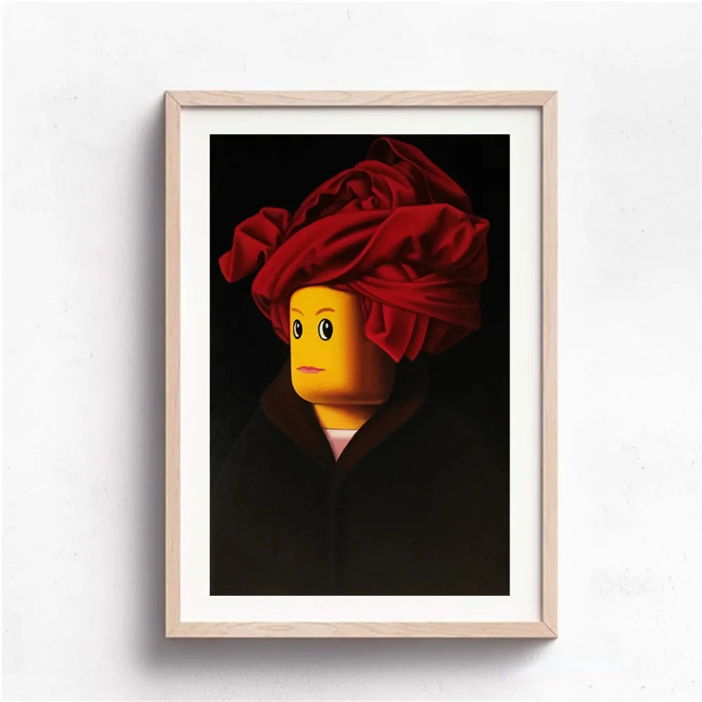 Framed artwork of a LEGO figure with a red turban on a white background