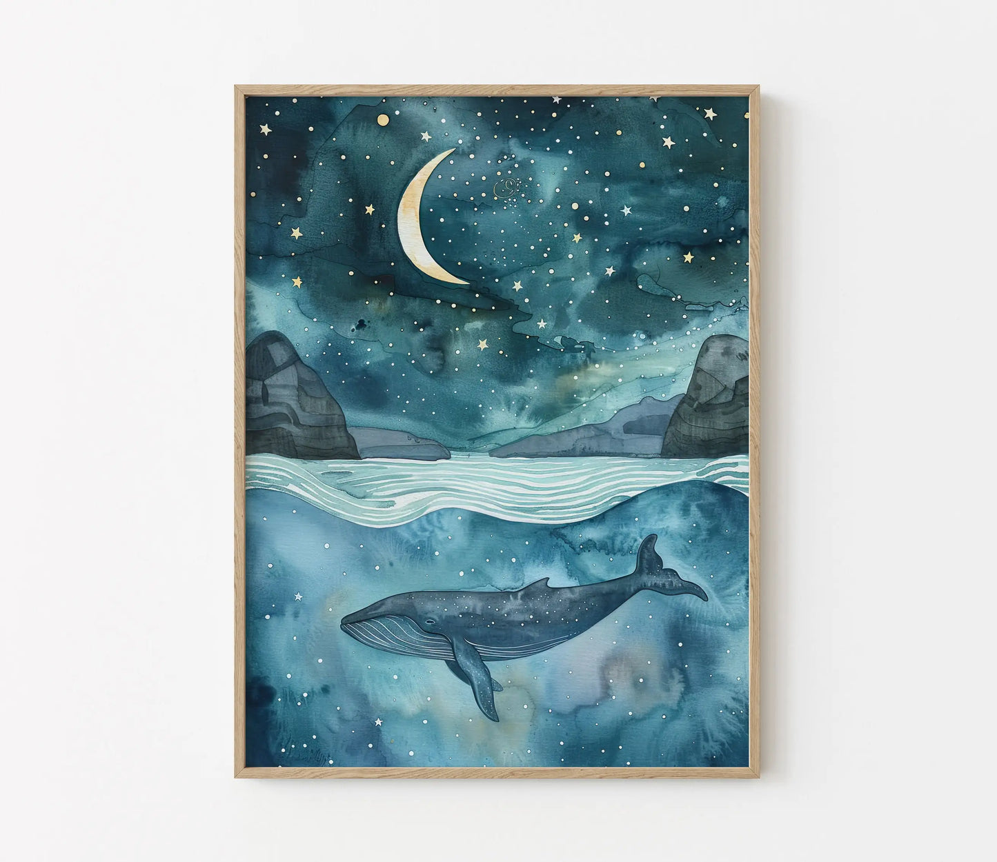 Framed artwork of a whale in a starry night sky with moon and mountains.