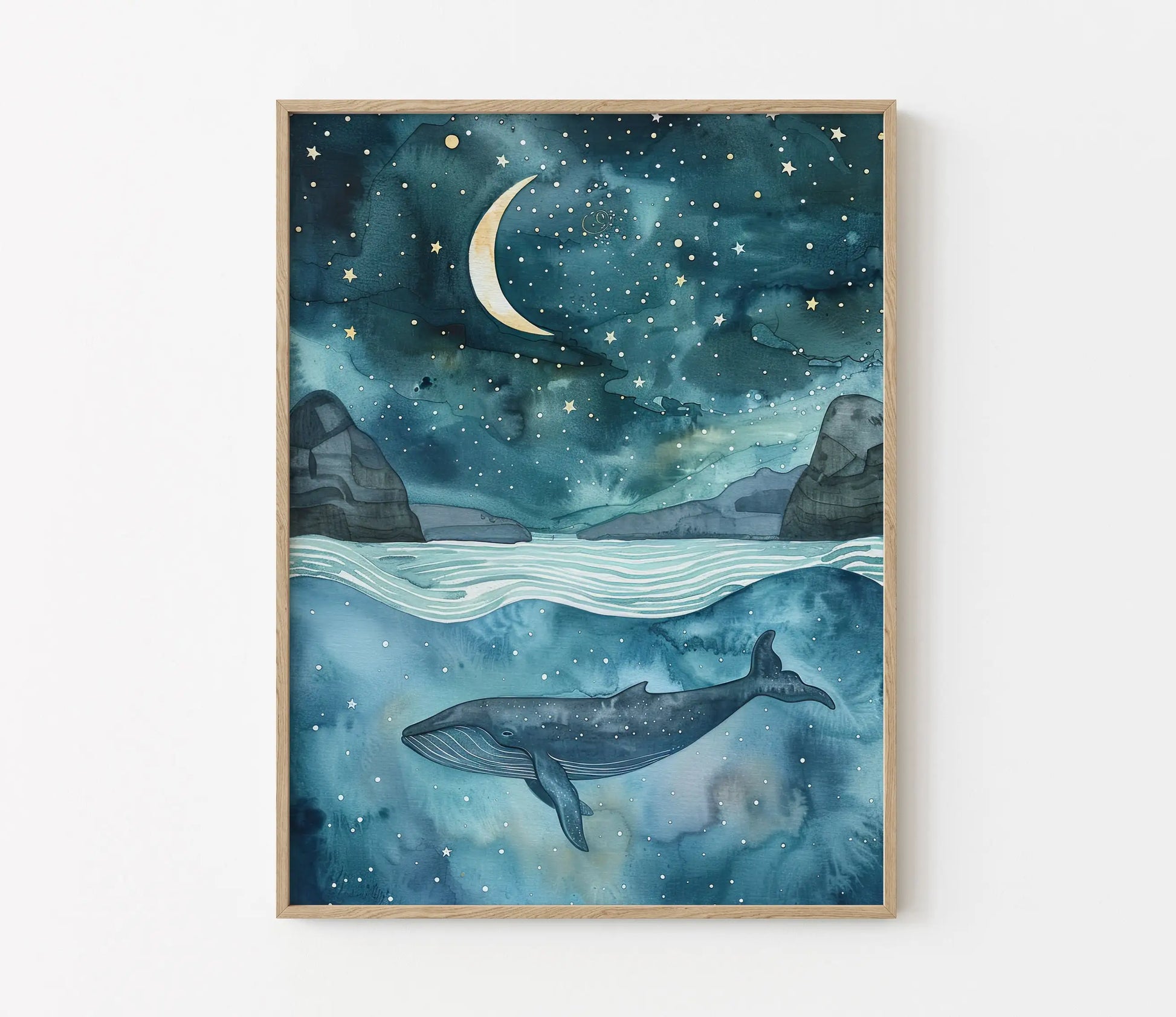 Framed artwork of a whale in a starry night sky with moon and mountains.