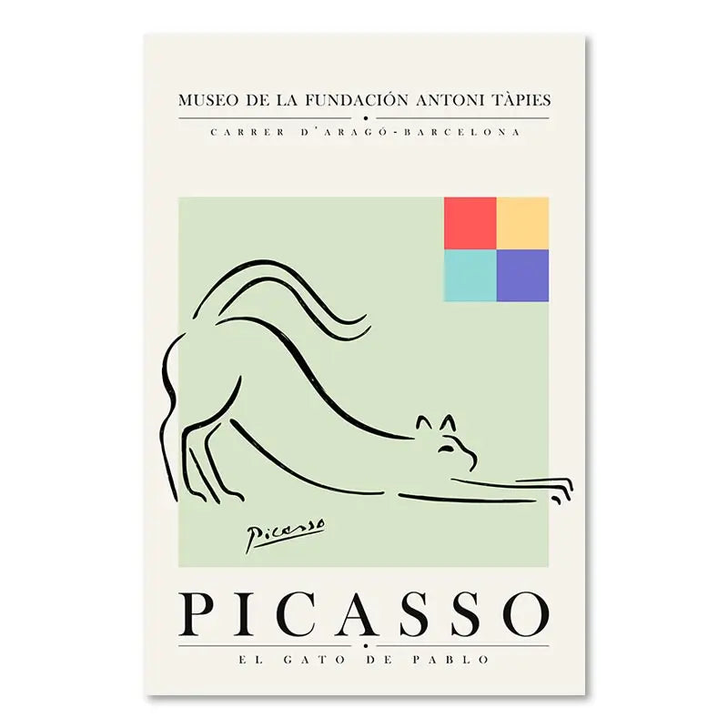 Poster featuring a Picasso artwork of a cat with colorful squares above it, displayed at the Fundació Antoni Tàpies in Barcelona.
