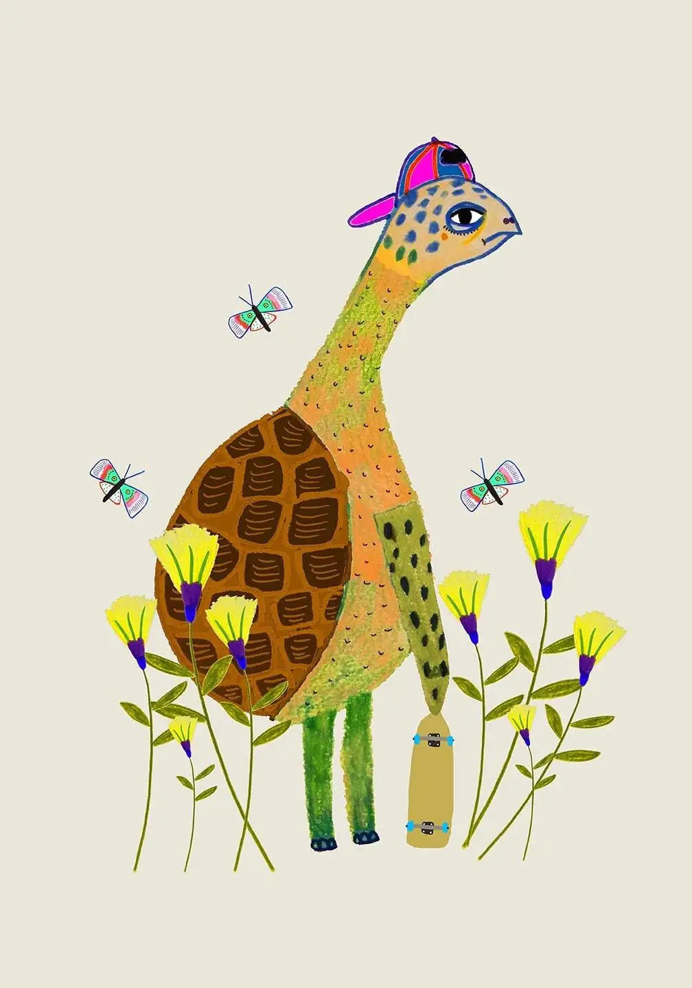 Colorful illustration of a tortoise with flowers and butterflies on a beige background