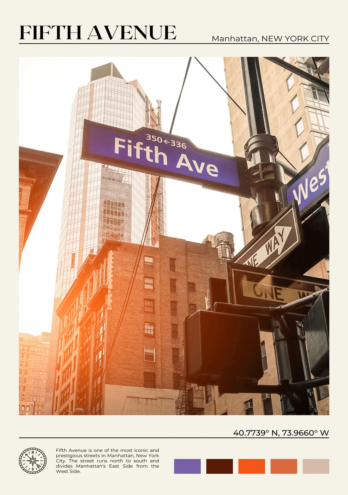 Fifth Avenue street sign in Manhattan, New York City with buildings and sunlight.