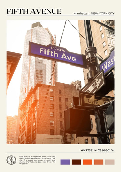 Fifth Avenue street sign in Manhattan, New York City with buildings and sunlight.