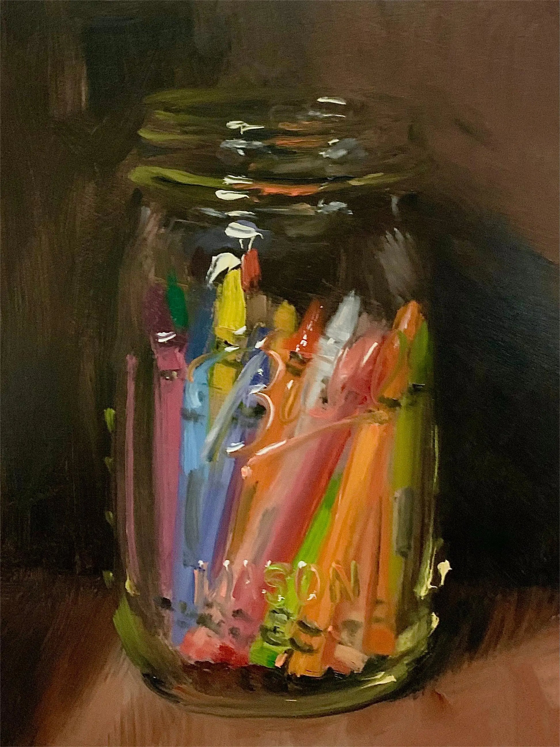 Jar filled with colorful plastic items on a wooden surface