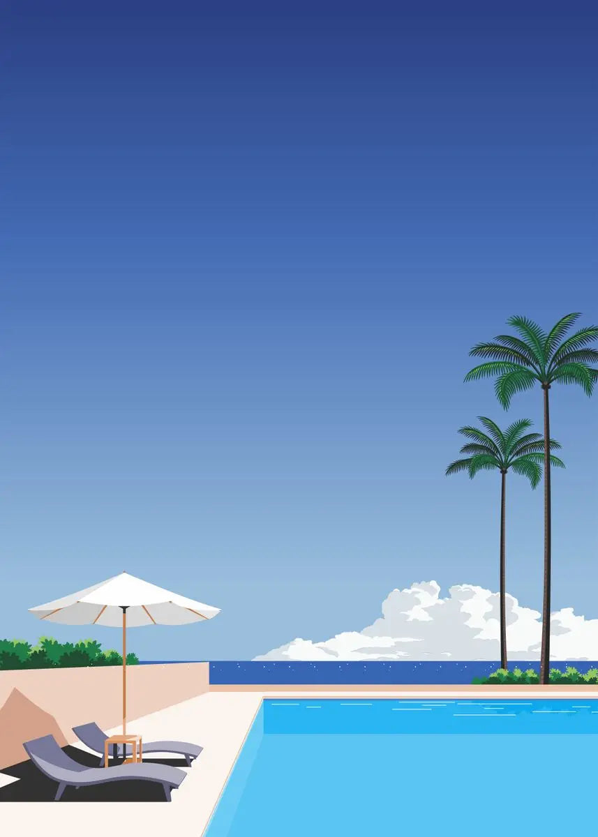 Pool area with lounge chairs, umbrella, and palm trees under a clear blue sky.