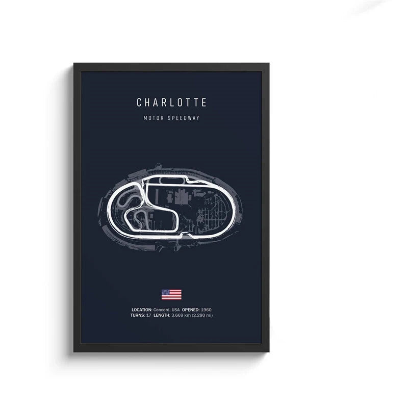 Framed poster of Charlotte Motor Speedway layout on a dark blue background
