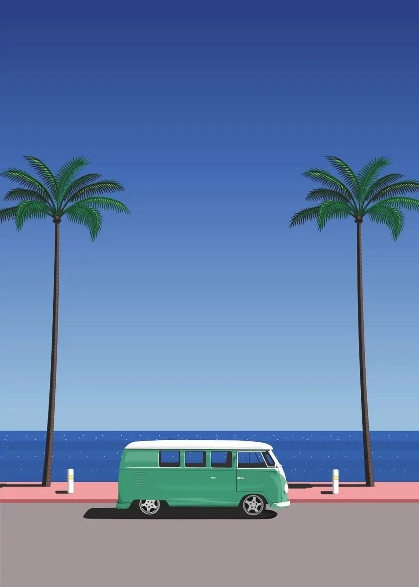 Green van parked on a road with palm trees and blue sky
