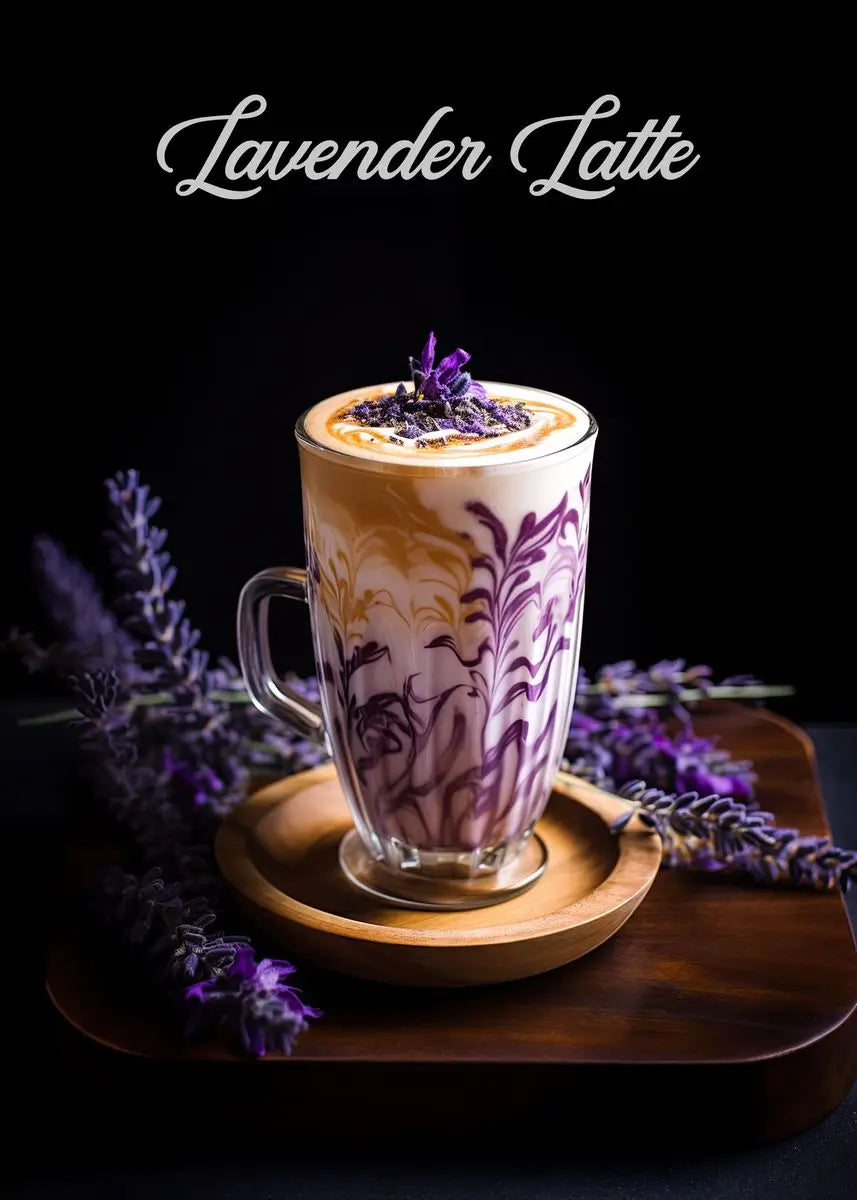 Lavender Latte with decorative elements on a dark background