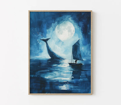 Framed artwork of a whale and sailboat under a full moon on a blue watercolor background.
