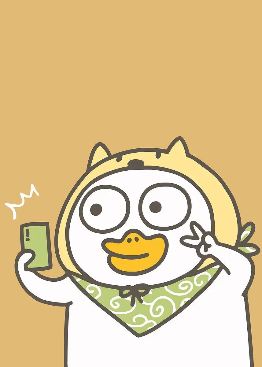 Cartoon character with a green phone and green bandana on a brown background