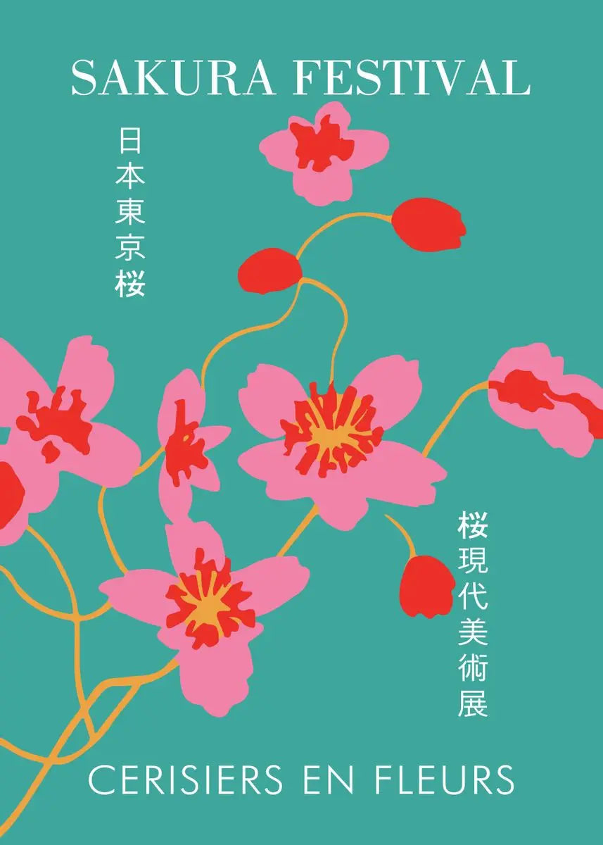 Sakura Festival poster with pink flowers on a teal background