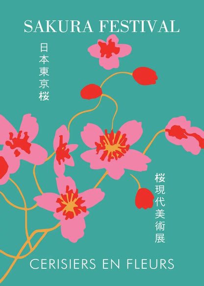 Sakura Festival poster with pink flowers on a teal background