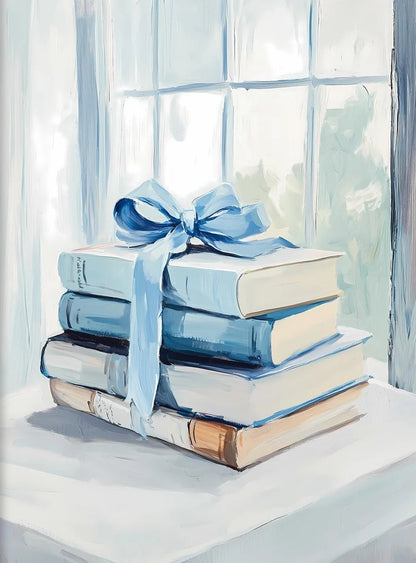 Stack of books tied with a blue ribbon in front of a window with light blue curtains.