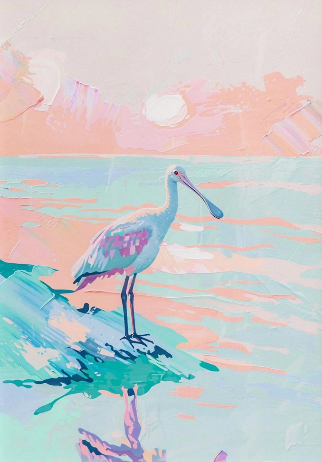 Painting of a bird standing on a colorful abstract background