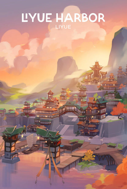 Illustration of Liyue Harbor with traditional Chinese architecture and mountains in the background.