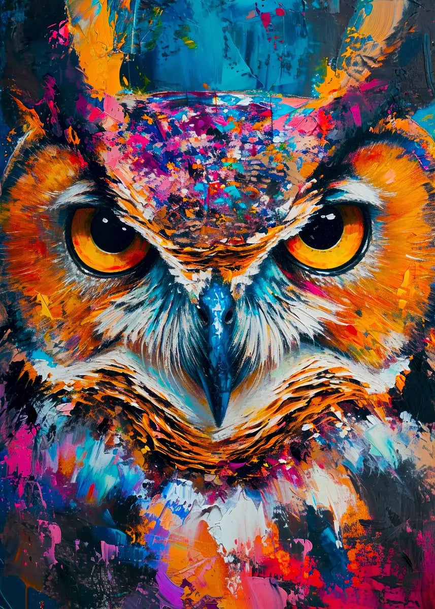 Colorful abstract painting of an owl's face