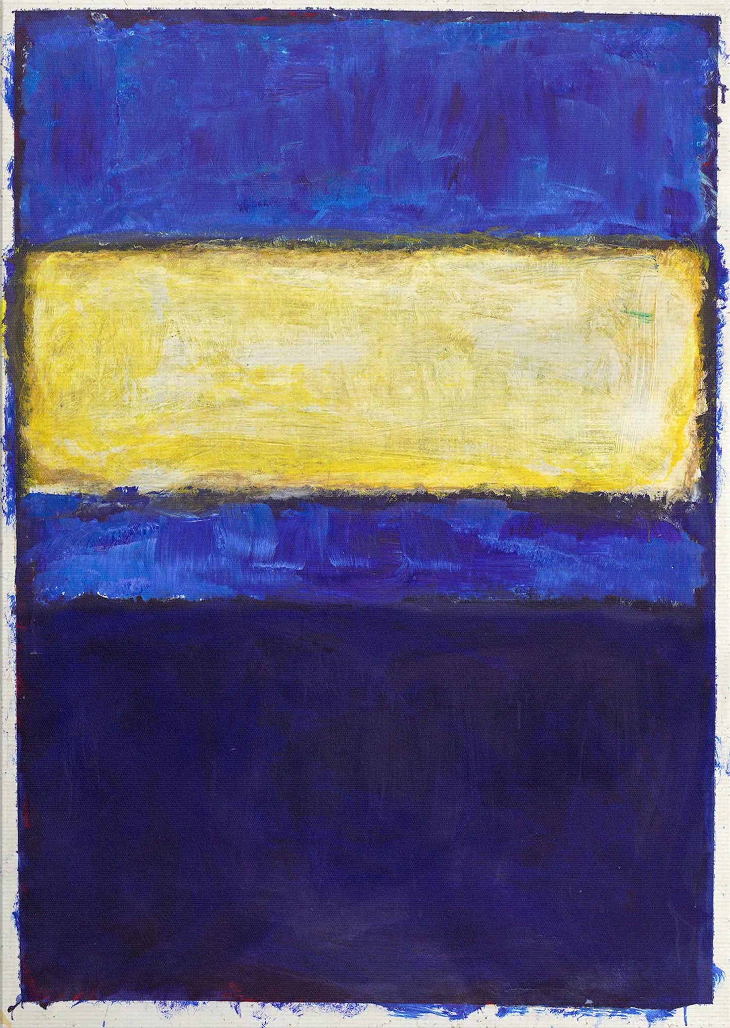 Abstract painting with a yellow rectangle on a blue background