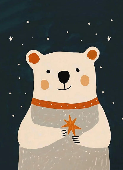 Illustration of a polar bear holding a star against a dark blue night sky with stars.