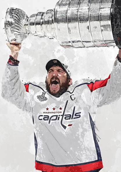 Person wearing a Washington Capitals jersey holding the Stanley Cup above their head against a white background