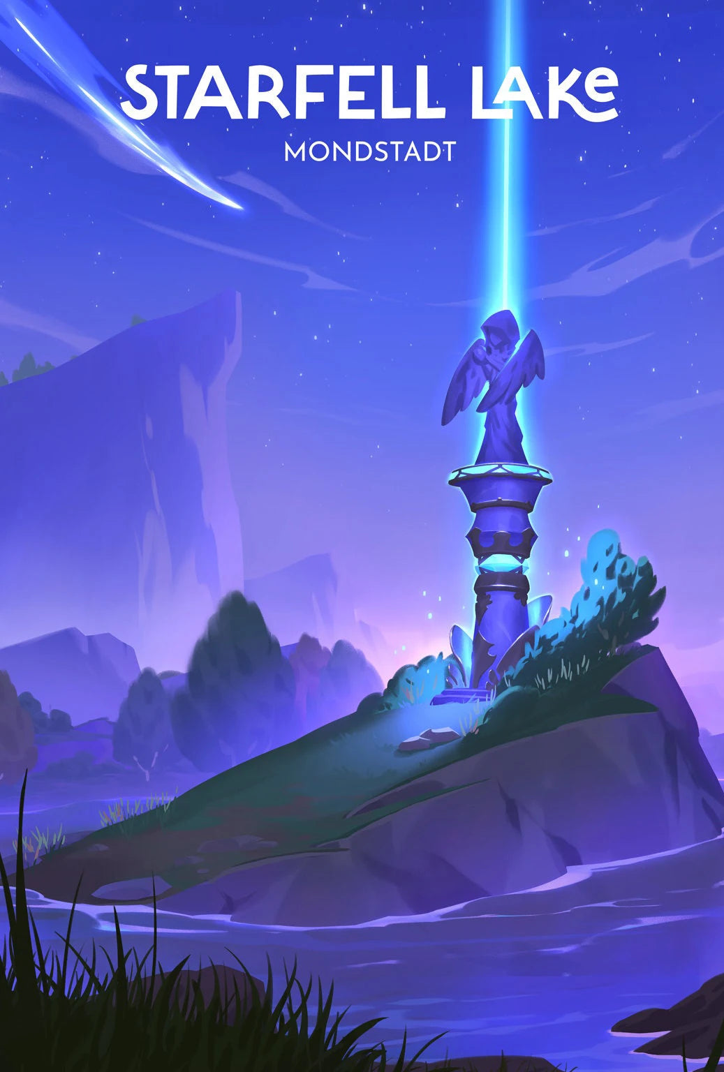 Stylized illustration of a statue on a mountain peak with 'Starfell Lake Mondstadt' text.