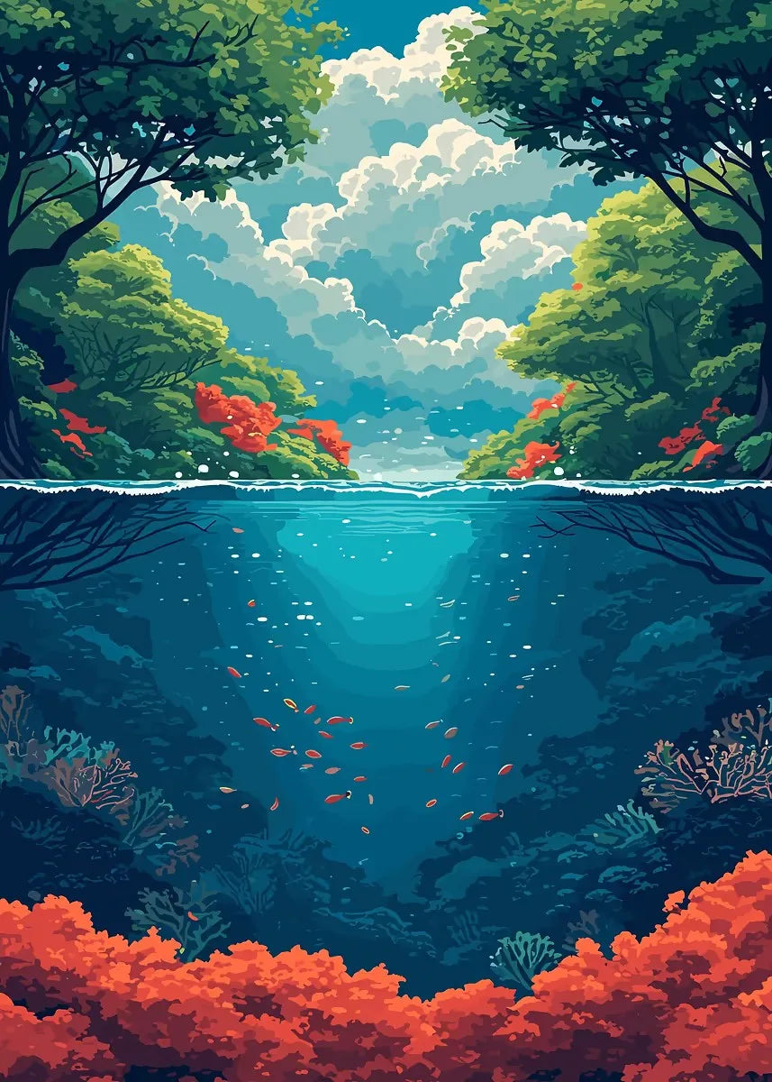 Colorful underwater scene with fish and coral, surrounded by a forest.