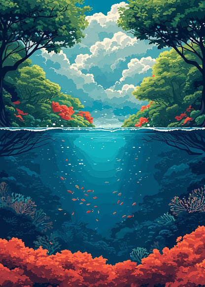 Colorful underwater scene with fish and coral, surrounded by a forest.