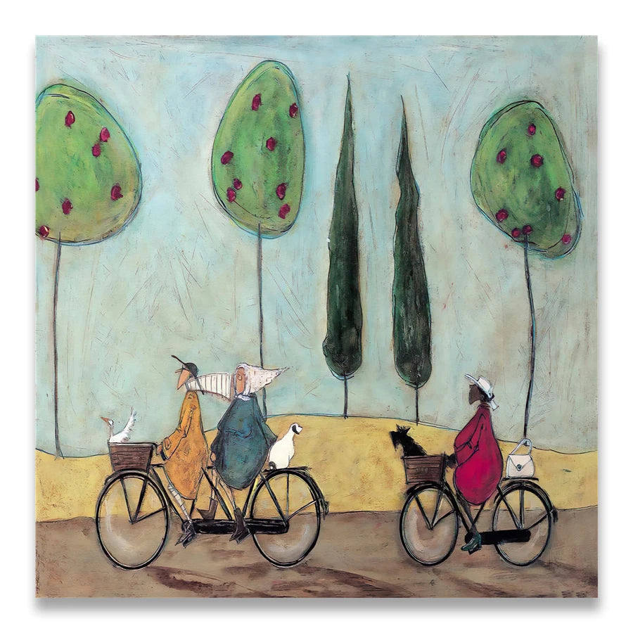 Artistic depiction of people on bicycles with trees and animals in a whimsical setting