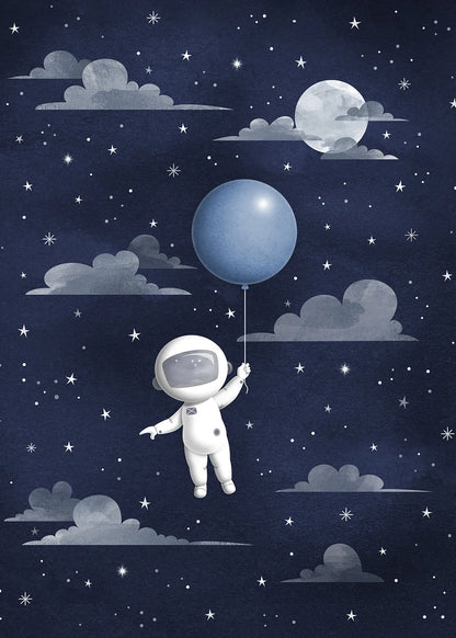 Illustration of an astronaut floating in space with a blue balloon.