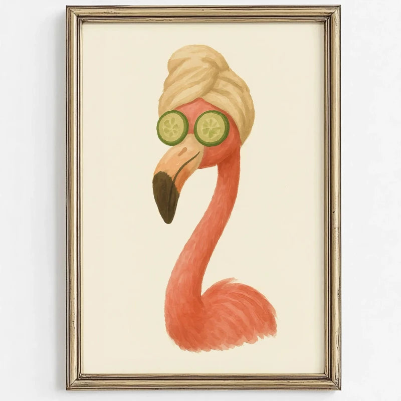 Framed artwork of a flamingo with turban and cucumber slices on a light background