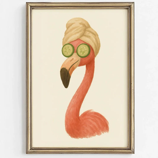 Framed artwork of a flamingo with turban and cucumber slices on a light background Canvas & Curio