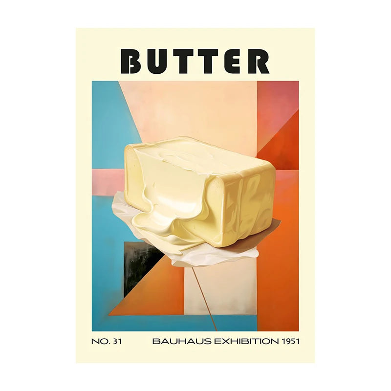 Poster of a block of butter with geometric background and text 'BUTTER' and 'Bauhaus Exhibition 1951'.