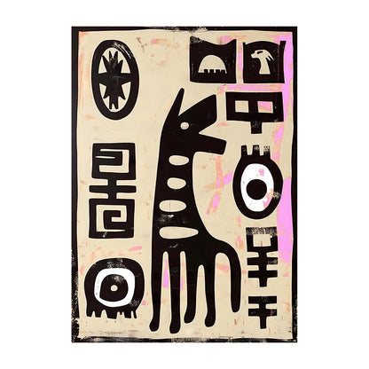 Abstract artwork with black and white shapes on a beige background