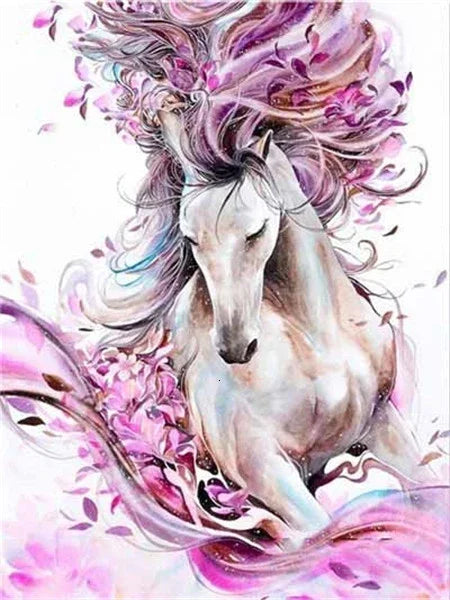 White horse with flowing pink mane on a colorful abstract background