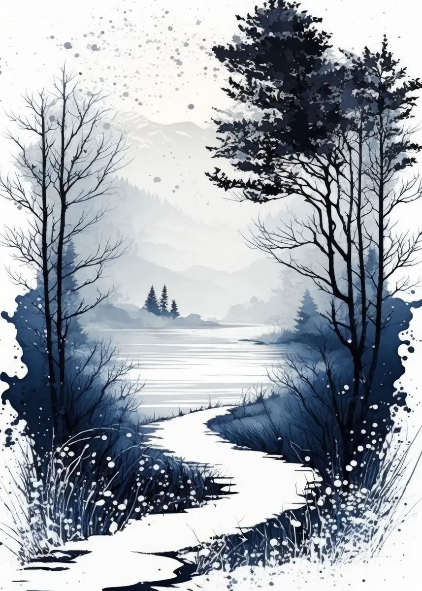 Winter landscape with a path leading to a lake, surrounded by trees and snow.